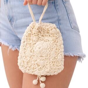 Vintage 60s White Crochet Drawstring Purse Rose Motif Pom Details